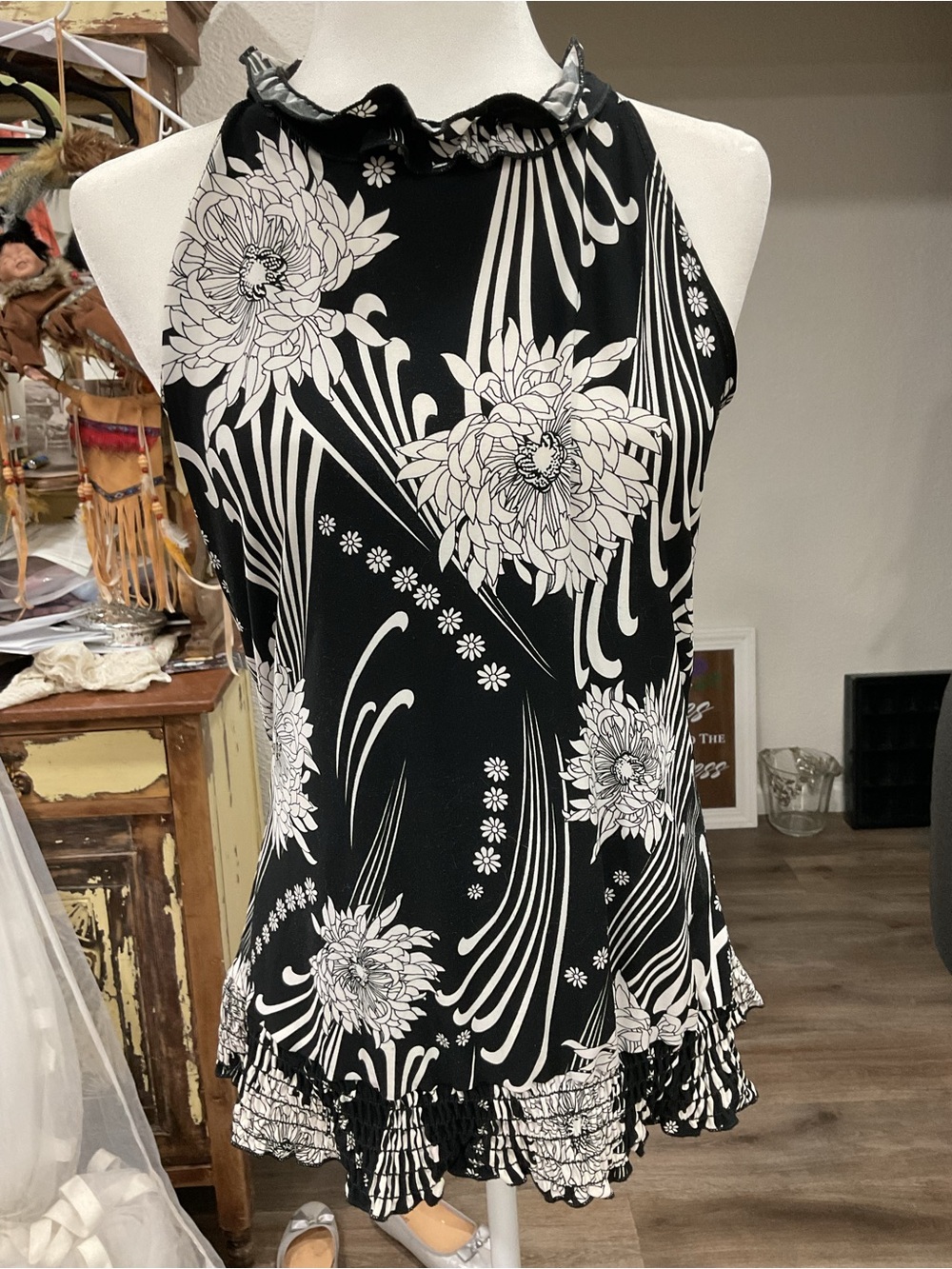 Carole Little Black & White Floral Ruffle Halter Camisole